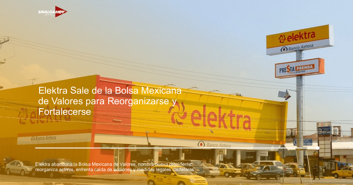 Fachada de una tienda Elektra con letrero de Banco Azteca y vehículos estacionados al frente.