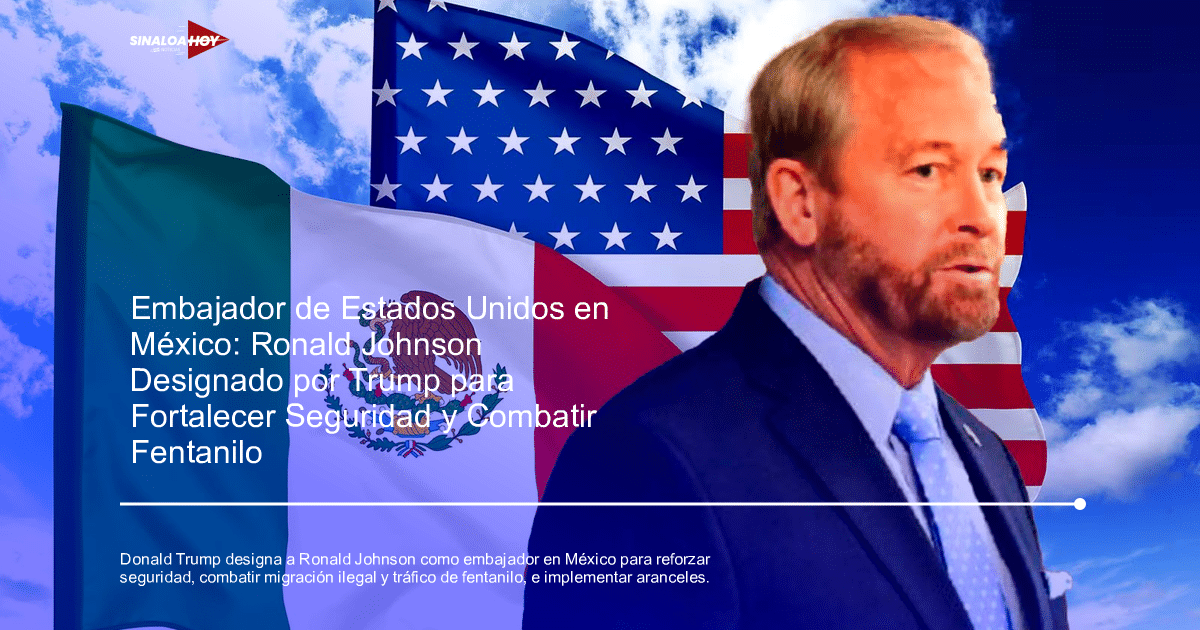 Ronald Johnson, embajador de EE.UU. en México, con banderas de México y EE.UU.