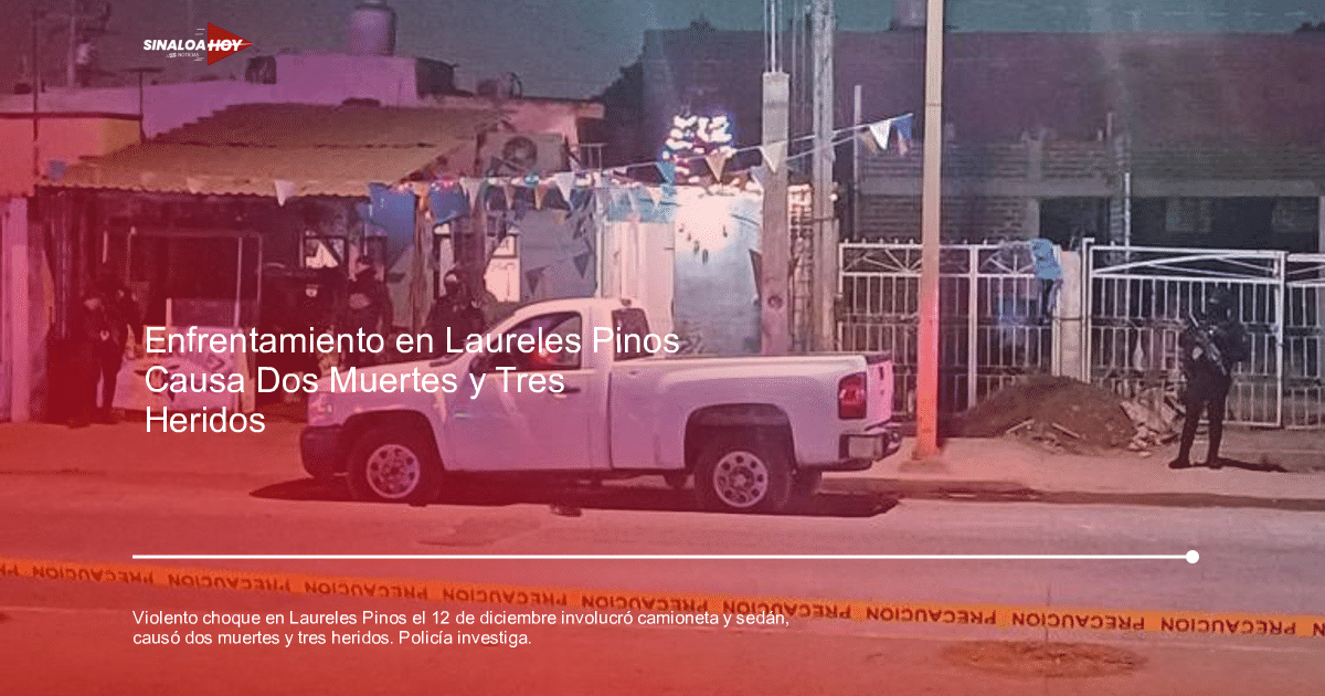 Camioneta blanca estacionada frente a un edificio con policías y cinta de precaución en una escena nocturna.