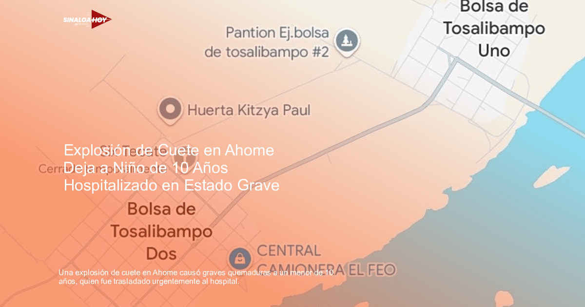 Mapa de Tosalibampo con ubicaciones como Bolsa de Tosalibampo Uno y Dos, Huerta Kitzya Paul y Central Camionera El Feo.