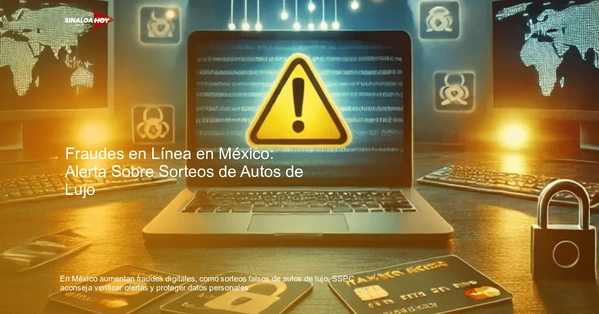 Laptop con símbolo de advertencia, teclados, tarjetas de crédito y candado, representando la ciberseguridad.