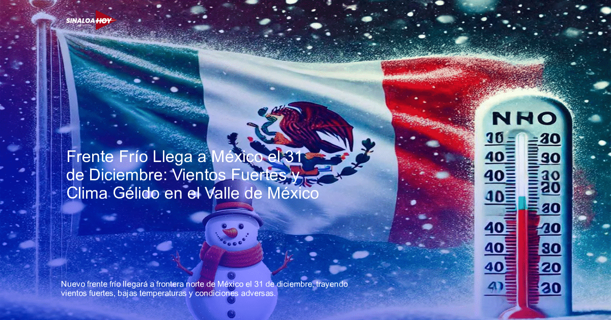 Bandera de México ondeando en la nieve con un muñeco de nieve y un termómetro indicando bajas temperaturas.