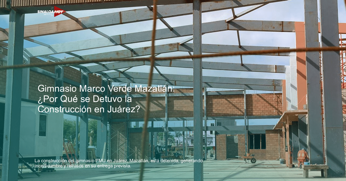 Interior del gimnasio PMU en construcción en la colonia Juárez con estructuras de acero y trabajadores.