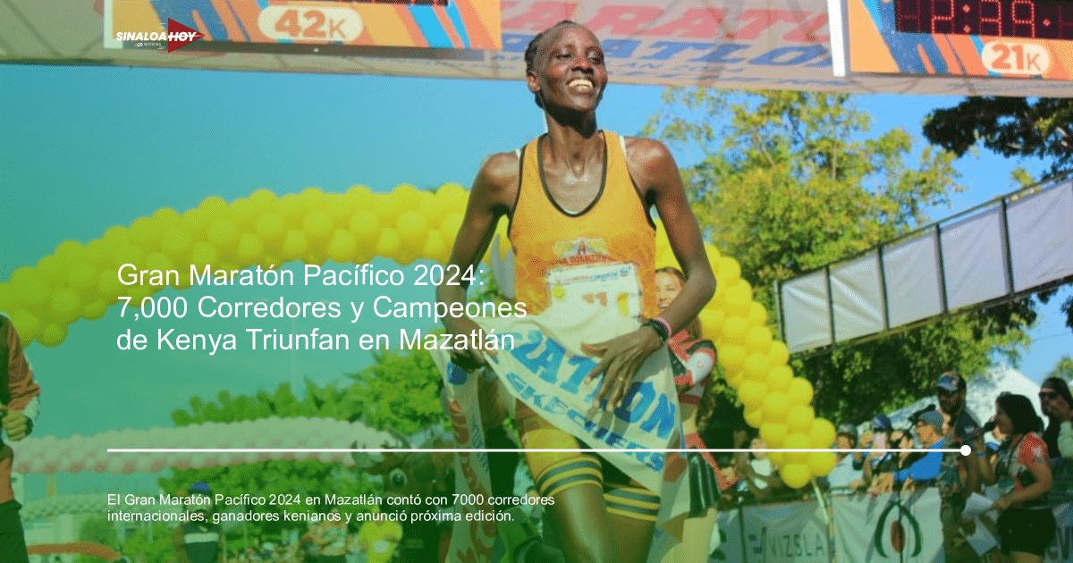 Corredora cruzando la meta en el Gran Maratón Pacífico 2024, sosteniendo la cinta de ganadora con una sonrisa.
