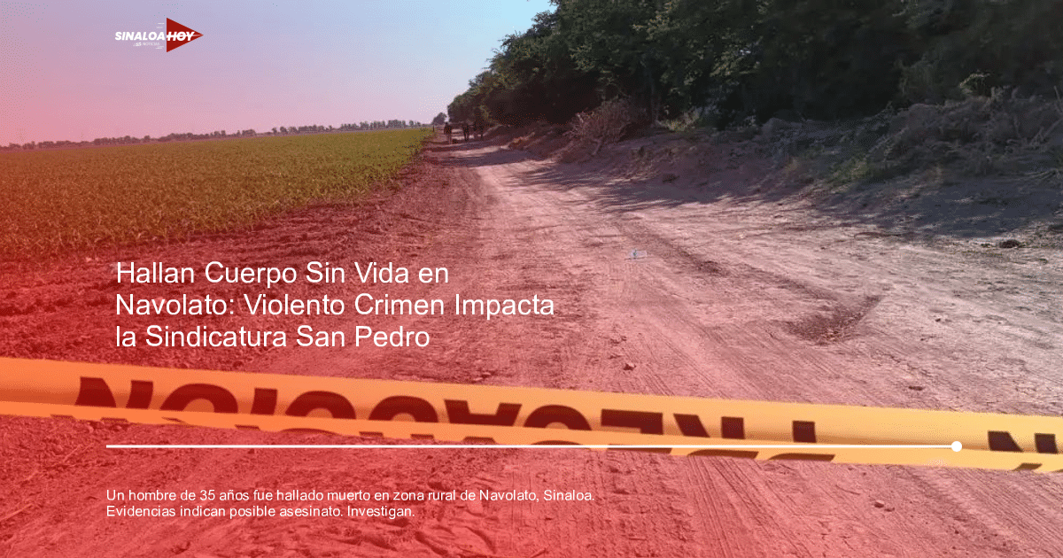 Camino de tierra con cinta de advertencia amarilla en zona rural de Navolato, Sinaloa.