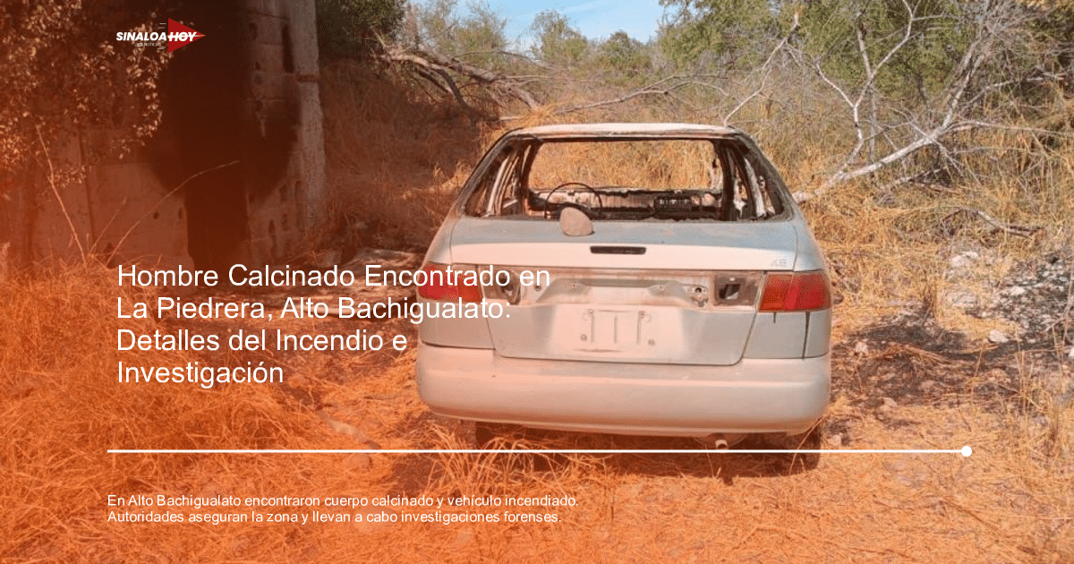 Coche quemado y abandonado en un área con hierba seca, vinculado a un hallazgo en Alto Bachigualato.