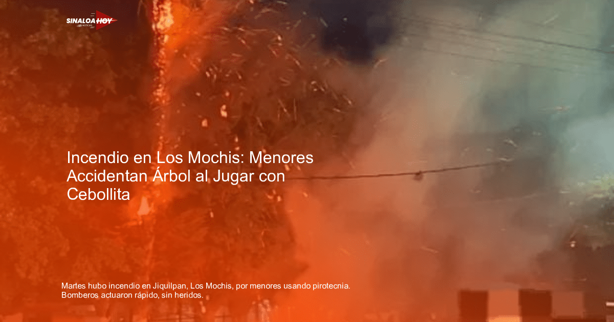 Árbol en llamas rodeado de humo en Los Mochis, con cables eléctricos visibles.