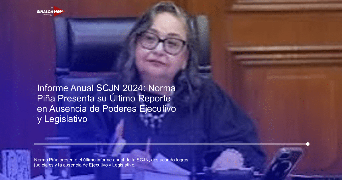 Norma Piña, presidenta de la SCJN, en su informe anual 2024, sentada en un tribunal con elementos de escritorio.