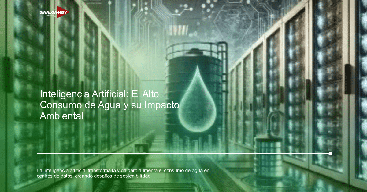 Centro de datos con tanque de agua y racks de servidores iluminados, simbolizando la sostenibilidad en la tecnología.