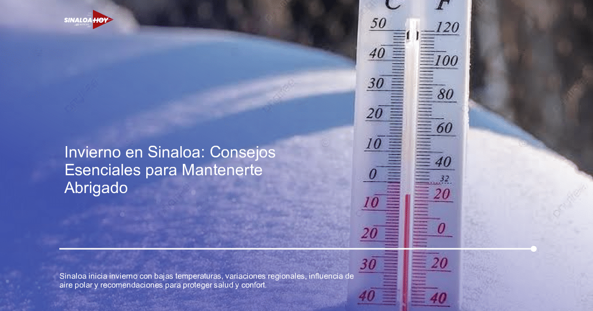 Termómetro en la nieve mostrando temperaturas en Celsius y Fahrenheit, simbolizando el inicio del invierno en Sinaloa.