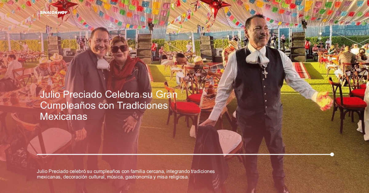 Evento festivo al aire libre con decoración colorida y personas en vestimenta formal durante el cumpleaños de Julio Preciado.