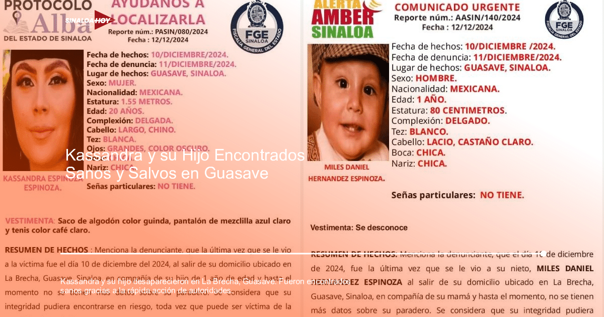 Alertas de desaparición de Kassandra Espinoza y su hijo Miles en Sinaloa, México.