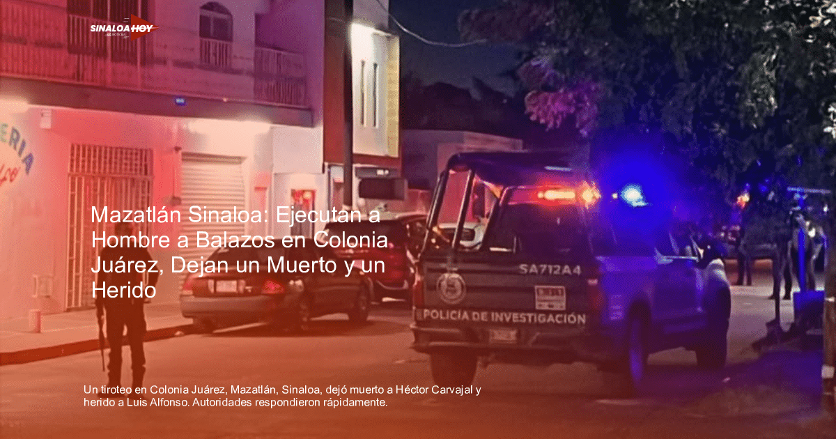 Escena nocturna de operativo policial en Mazatlán con vehículo de policía y personas en la calle.