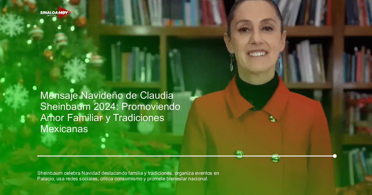 Claudia Sheinbaum sonriendo frente a un árbol de Navidad decorado.