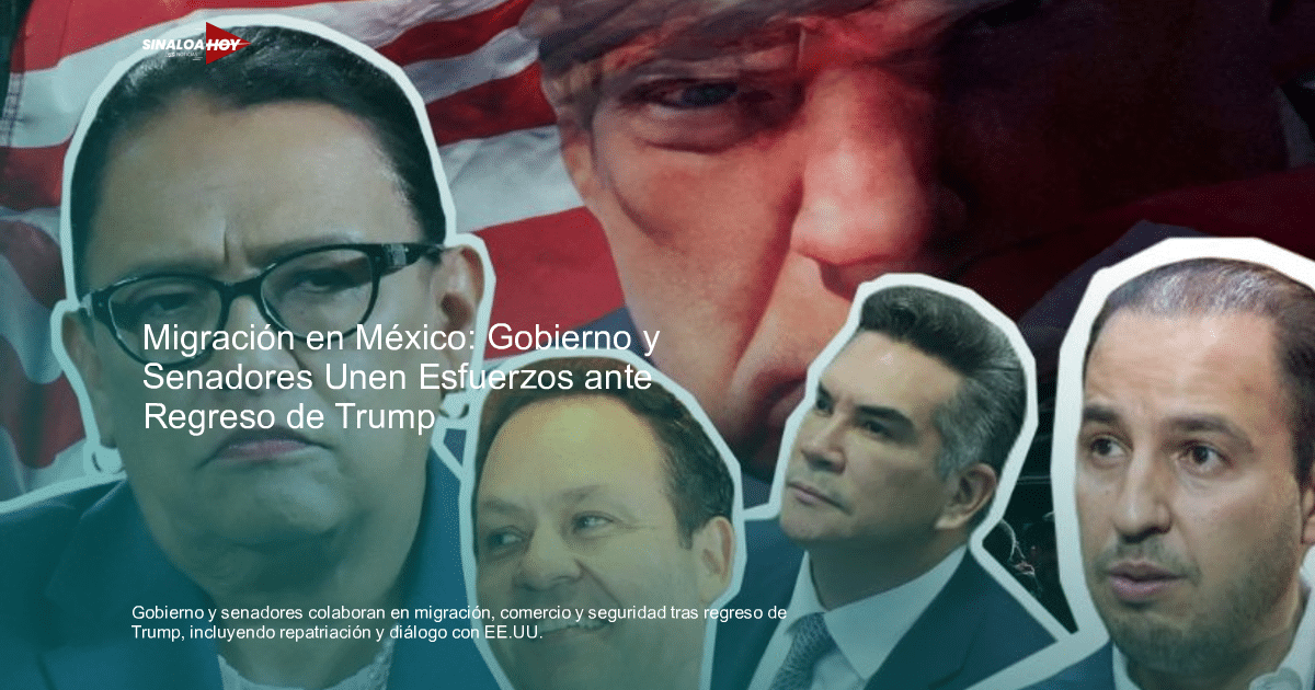 Reunión política con bandera de EE.UU. y varios individuos, relacionada con la colaboración México-EE.UU. en migración y comercio.