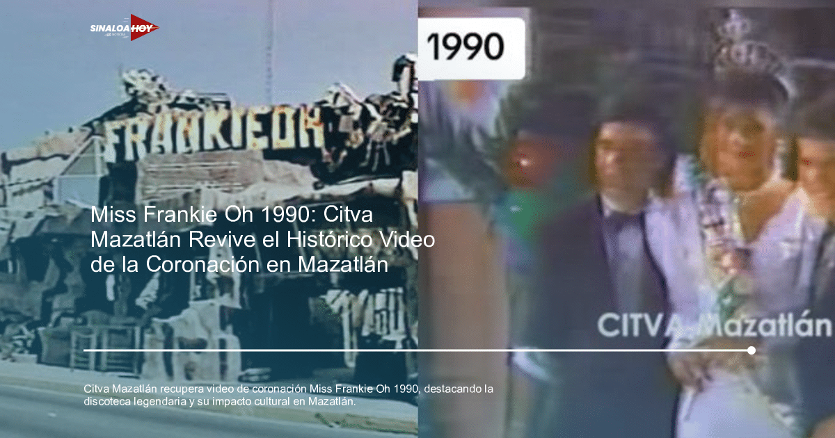 Edificio con letrero 'FRANKIE' y escena de coronación de Miss Frankie Oh en 1990.