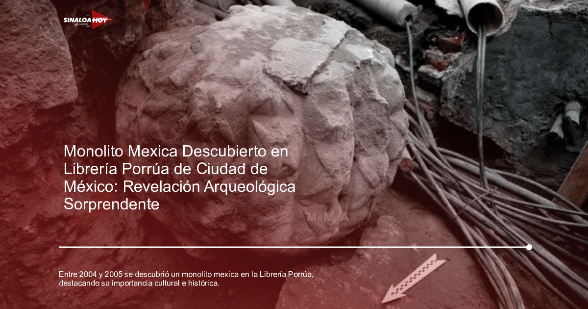 Monolito mexica esférico tallado en piedra, descubierto en Librería Porrúa, Ciudad de México.