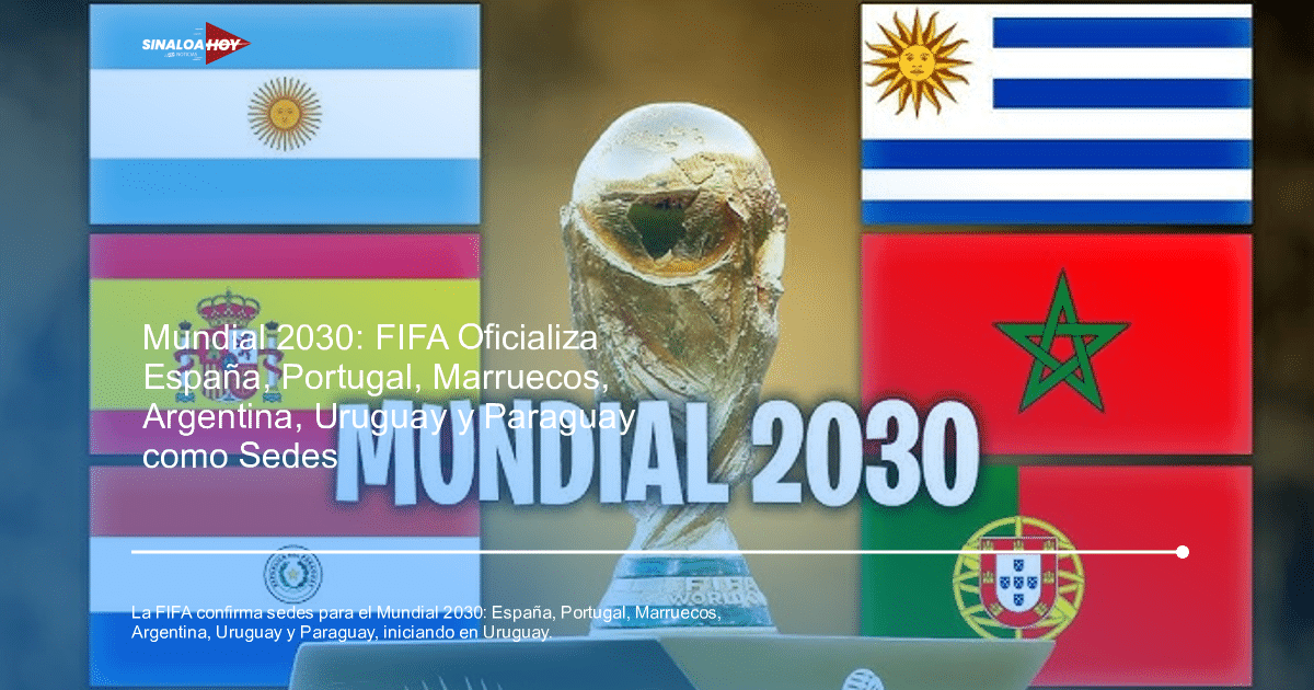 Trofeos de la Copa del Mundo de la FIFA con banderas de Argentina, España, Uruguay, Marruecos y Portugal para el Mundial 2030.