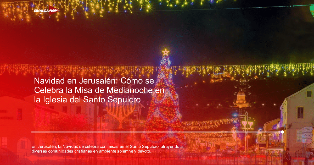Árbol de Navidad iluminado con decoraciones festivas en Jerusalén