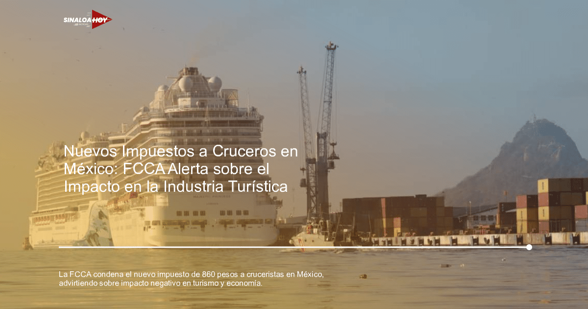 Crucero anclado en puerto mexicano con bote de seguridad y grúas de carga al fondo.