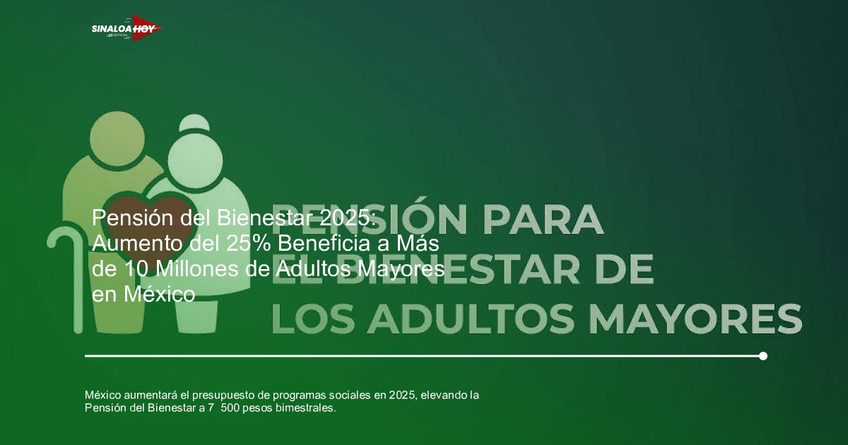 Ilustración de dos personas mayores con un corazón y texto sobre la Pensión del Bienestar en un fondo verde.