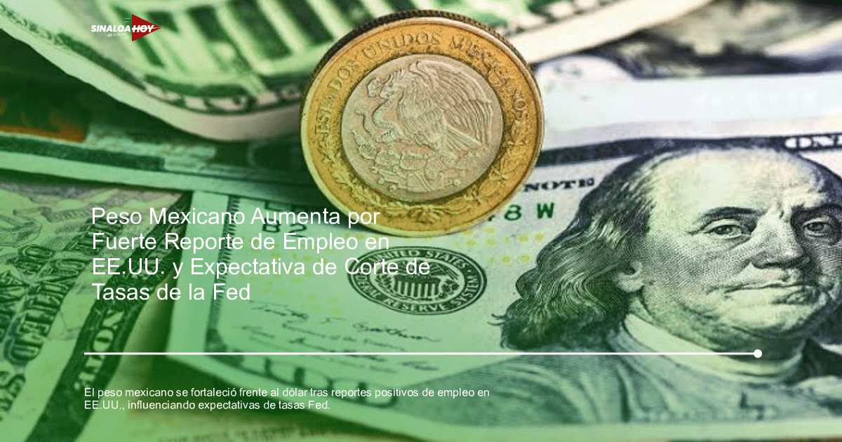 Moneda de un peso mexicano sobre billetes de dólares estadounidenses, representando el fortalecimiento del peso.