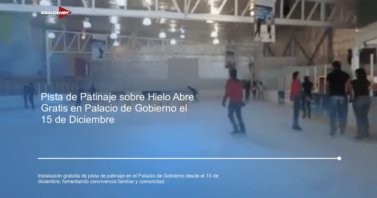 Personas patinando en una pista de hielo interior con conos naranjas y diseño colorido en las paredes.
