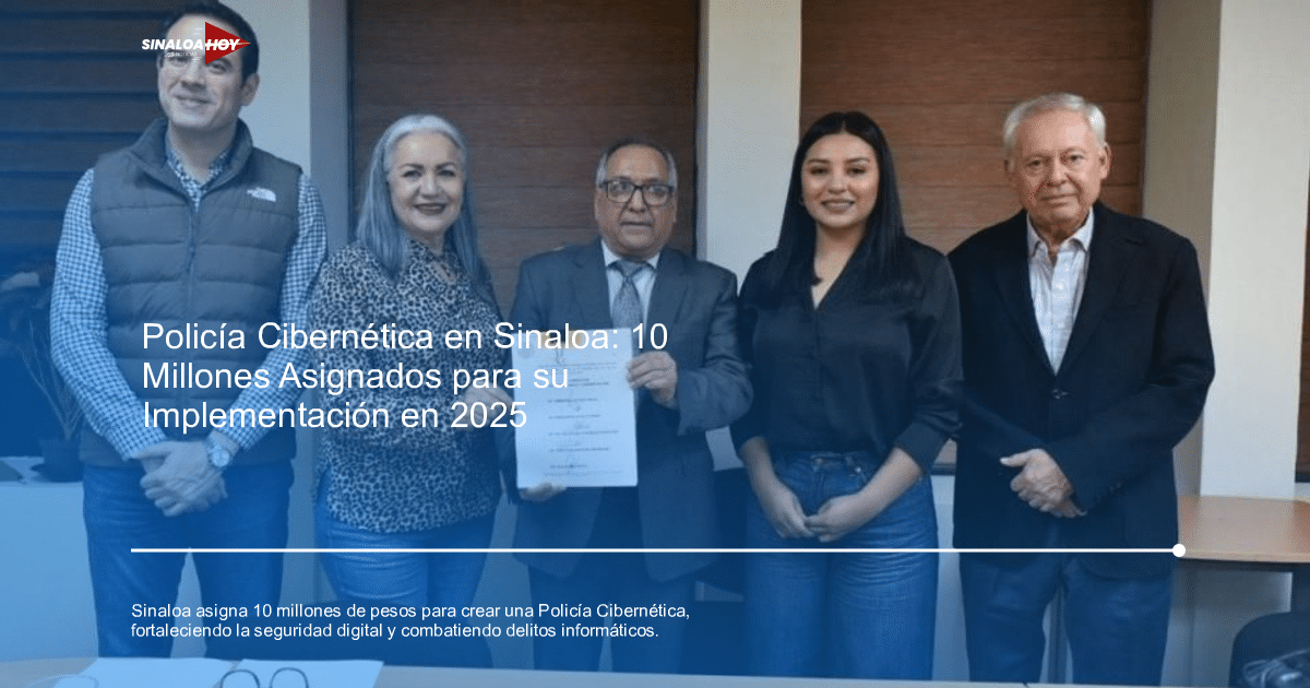 Cinco personas en una oficina, un hombre sostiene un documento oficial, relacionado con la Policía Cibernética en Sinaloa.