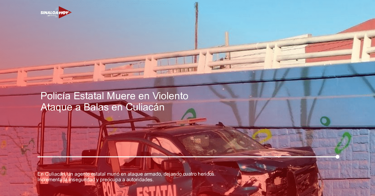 Camioneta policíaca accidentada frente a una pared azul con grafitis en Culiacán.