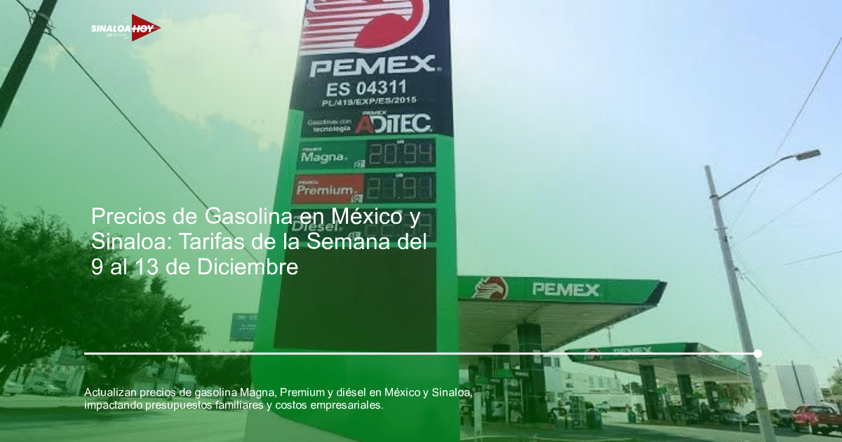 Cartel de precios de combustibles en gasolinera PEMEX con precios de gasolina Magna, Premium y diésel en área urbana.