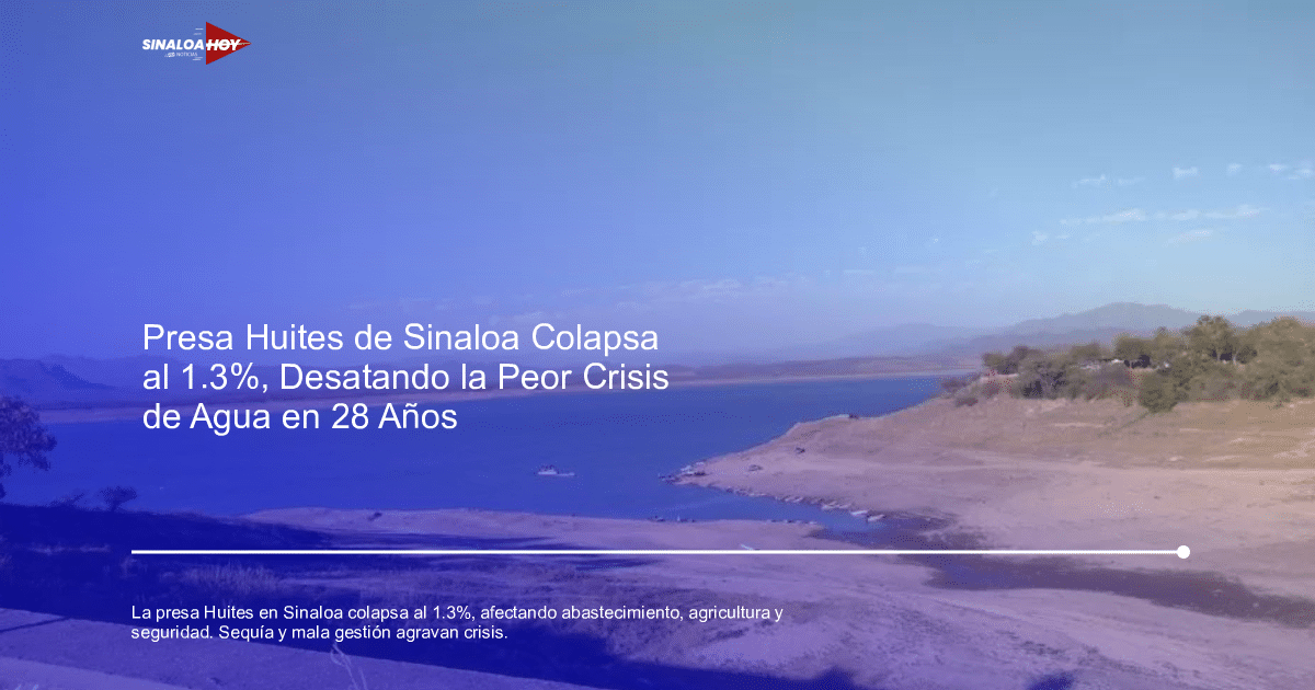 Vista de la presa Luis Donaldo Colosio en Sinaloa con niveles de agua bajos y tierra seca alrededor.