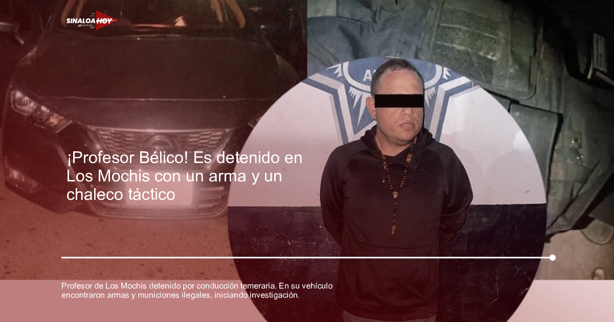 Hombre detenido junto a un vehículo negro en Los Mochis, relacionado con un caso de conducción temeraria y posesión de armas.