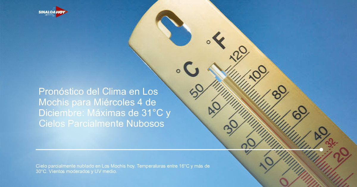 Termómetro bajo cielo azul y sol brillante, simbolizando clima cálido en Los Mochis.