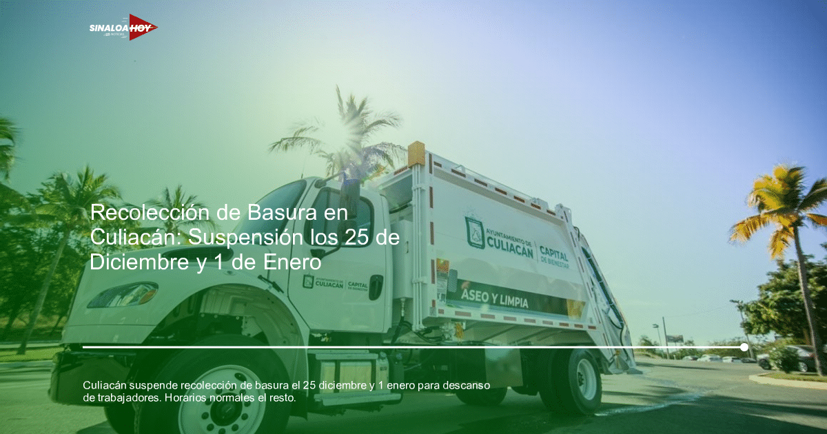 Camión de basura del Ayuntamiento de Culiacán en un entorno urbano con palmeras y cielo claro.