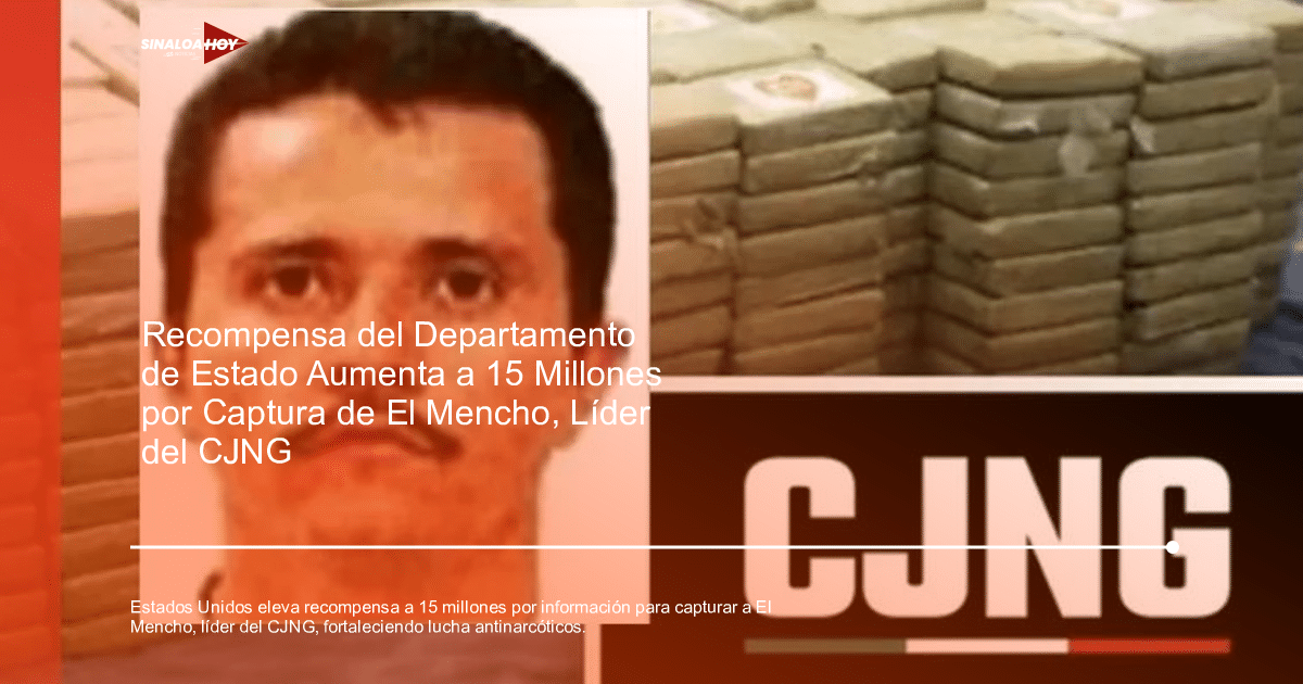 Retrato de 'El Mencho' junto a paquetes de narcóticos y logotipo del CJNG