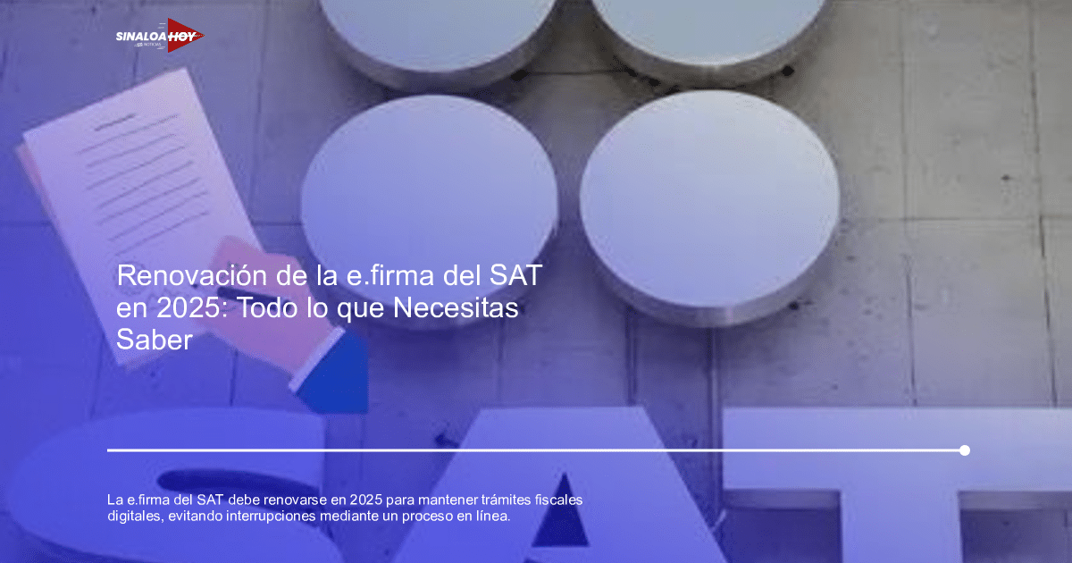 Ilustración de una mano firmando un documento con fondo de letras 'SAT' y círculos metálicos, representando la renovación de la firma electrónica del SAT.