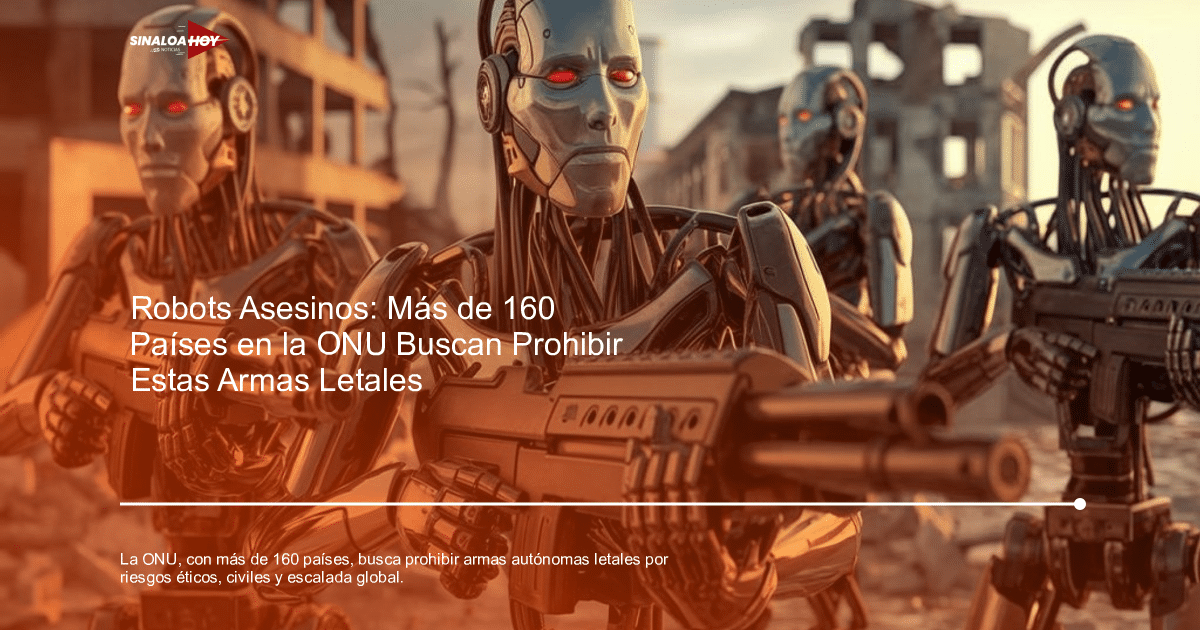 Robots metálicos armados con ojos rojos en un paisaje devastado, simbolizando el debate sobre armas autónomas letales.