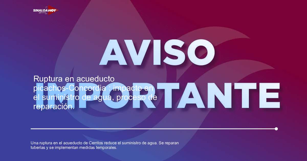 Aviso Importante sobre interrupción de agua en Cerritos con fondo burdeos y diseño de gotas.
