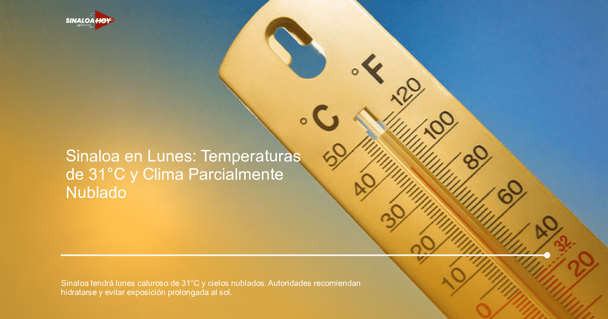 Termómetro con escalas Celsius y Fahrenheit en fondo azul con sol, representando el clima caluroso en Sinaloa.