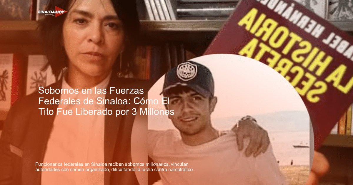Mujer en entorno literario con libro 'La Historia Secreta' y foto de hombre joven, relacionado con temas de corrupción en Sinaloa.