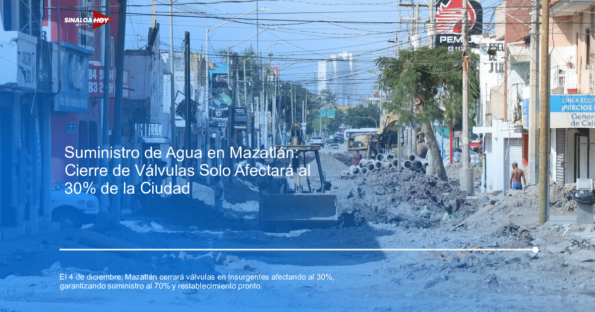 Calle en construcción en Mazatlán con maquinaria pesada y edificios, relacionada con la nueva red de agua.