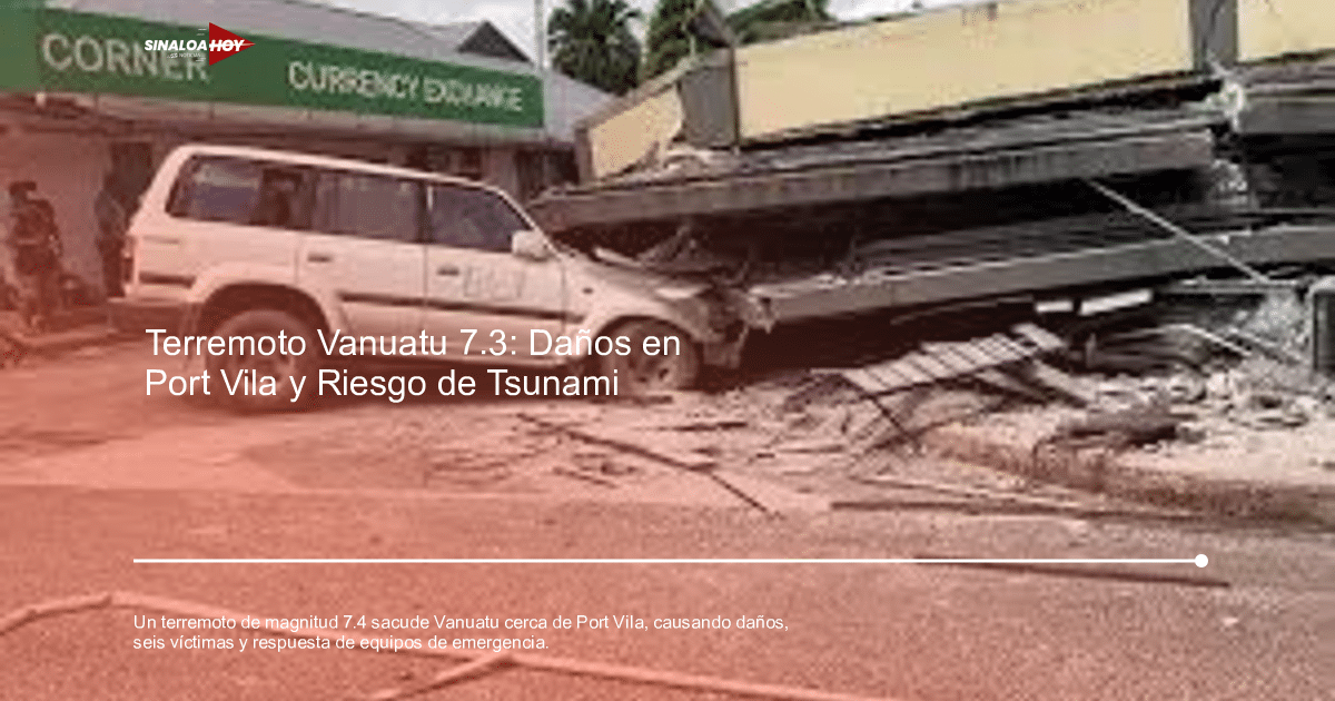 Vehículo blanco dañado por derrumbe de edificio tras terremoto en Vanuatu, con escombros y cartel de 'CURRENCY EXCHANGE'.
