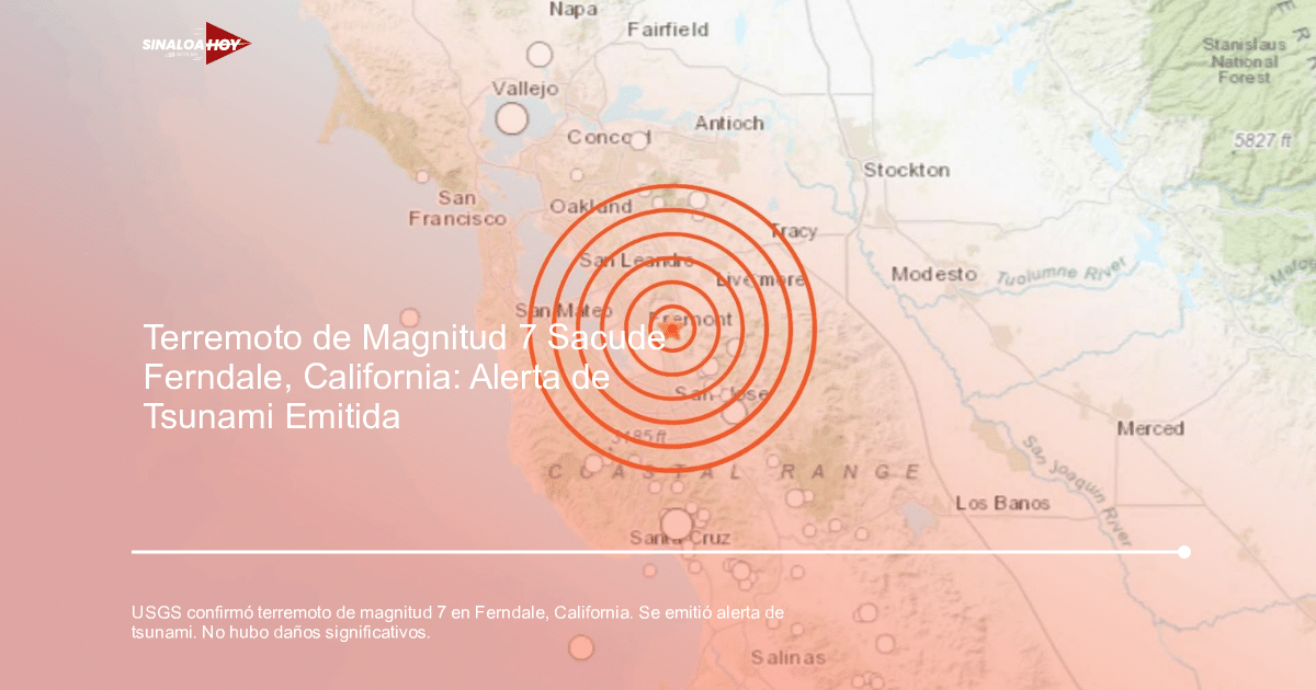 Mapa del terremoto en Ferndale, California, con epicentro y áreas de impacto en naranja.