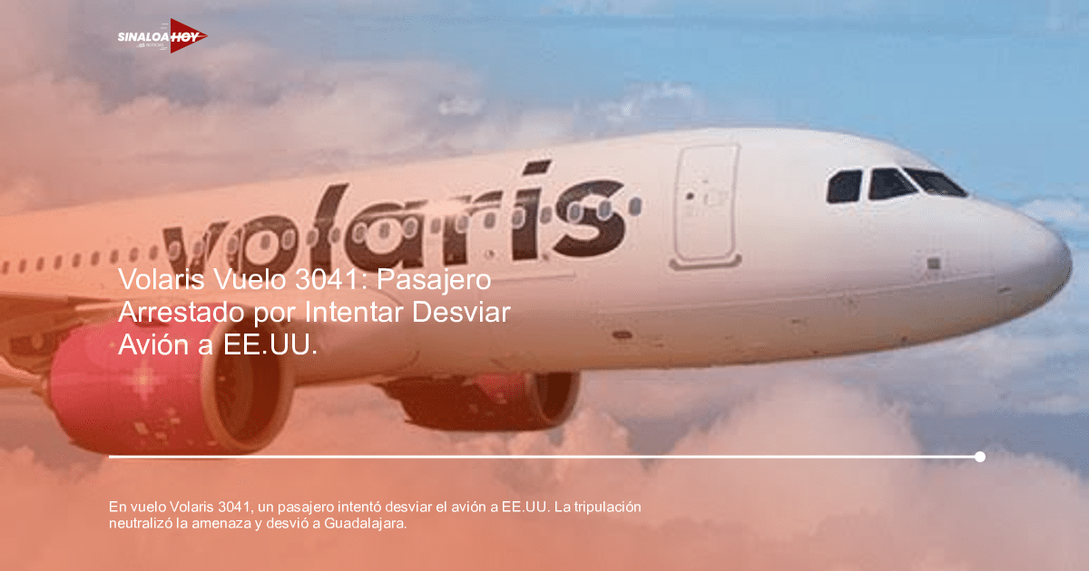 Avión de Volaris con logo visible y motor púrpura en cielo nublado, relacionado con intento de desvío de vuelo.