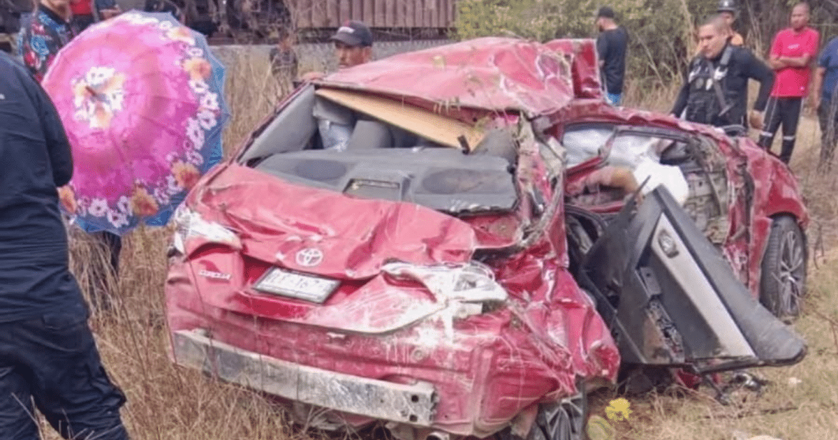 Automóvil rojo gravemente dañado tras colisión con tren en Palmillas, rodeado de testigos y vegetación.