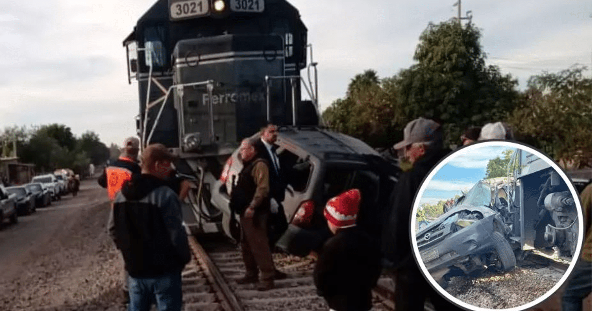 Accidente ferroviario en Cuatro Milpas con tren detenido y automóvil impactado en la vía.
