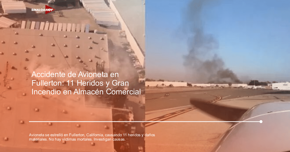 Edificio con humo y vista aérea de humo en el horizonte tras accidente aéreo en Fullerton