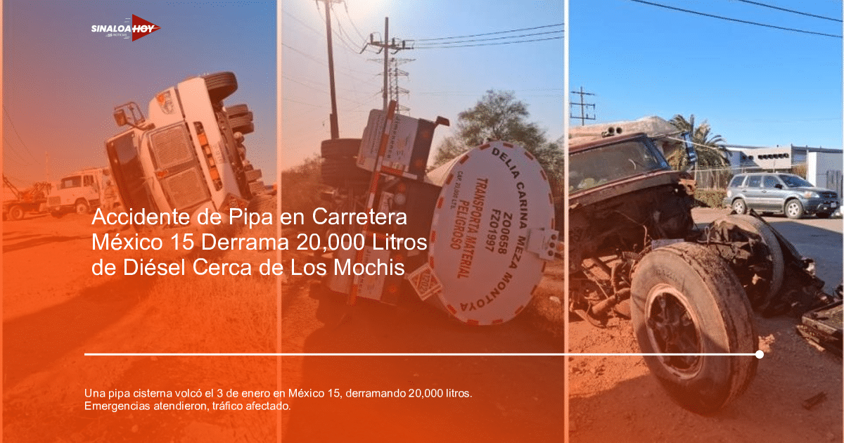 Tres imágenes de camiones accidentados: un camión volcado en el desierto, un camión cisterna volcado con etiquetas de advertencia, y un camión desmantelado cerca de una carretera.