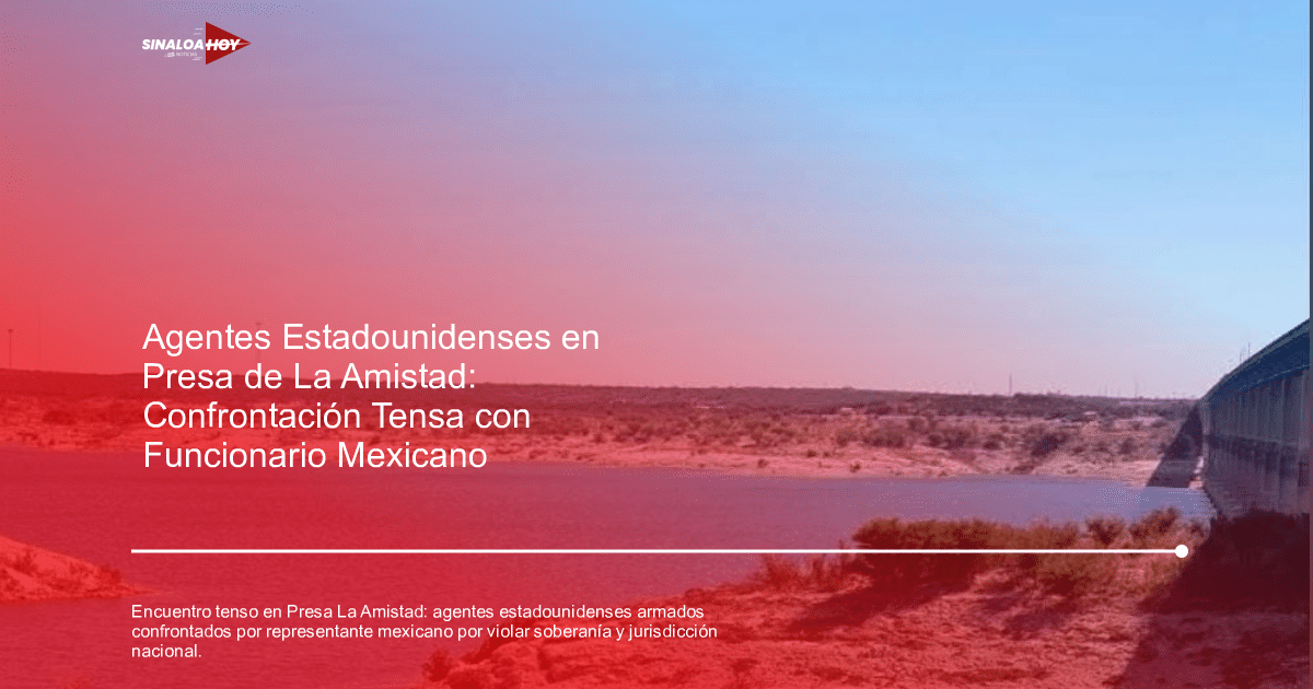 Vista panorámica de la Presa de La Amistad con colinas al fondo y una estructura a la derecha.