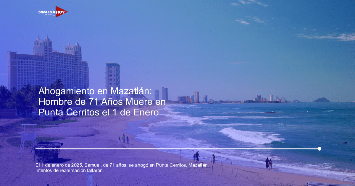 Playa de Punta Cerritos en Mazatlán con edificios, palmeras y una estructura de salvavidas en un día soleado.